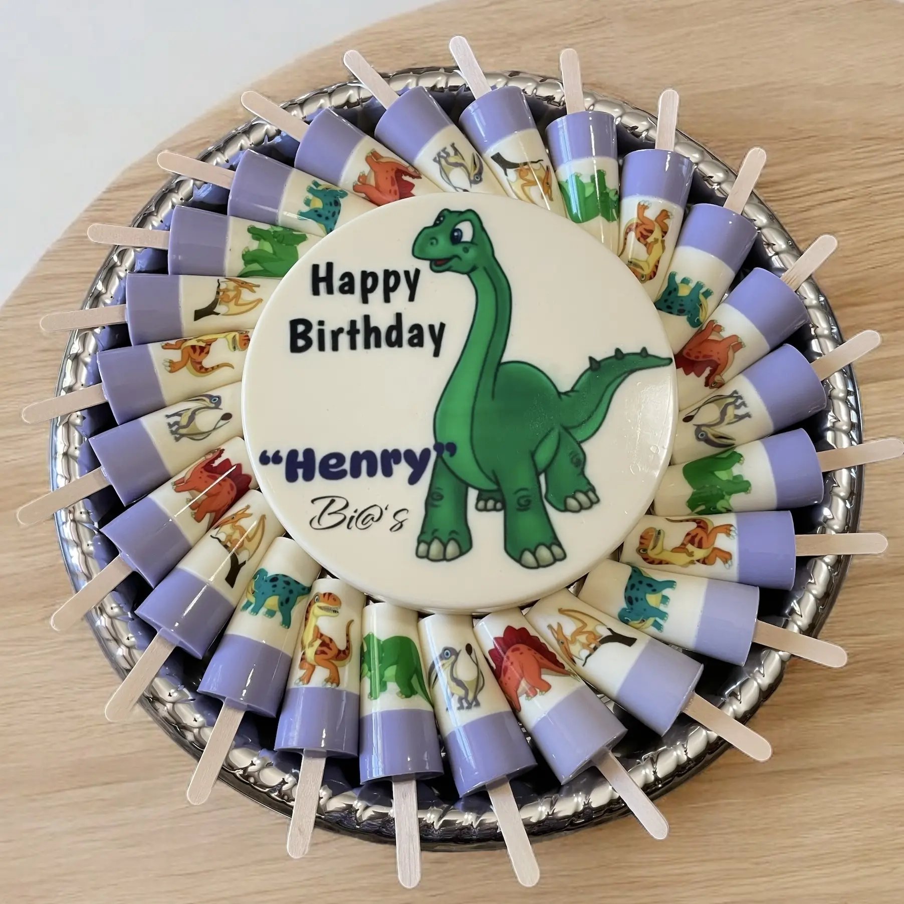 Dinosaur themed gelatin pop platter personalized for a Lincoln birthday boy