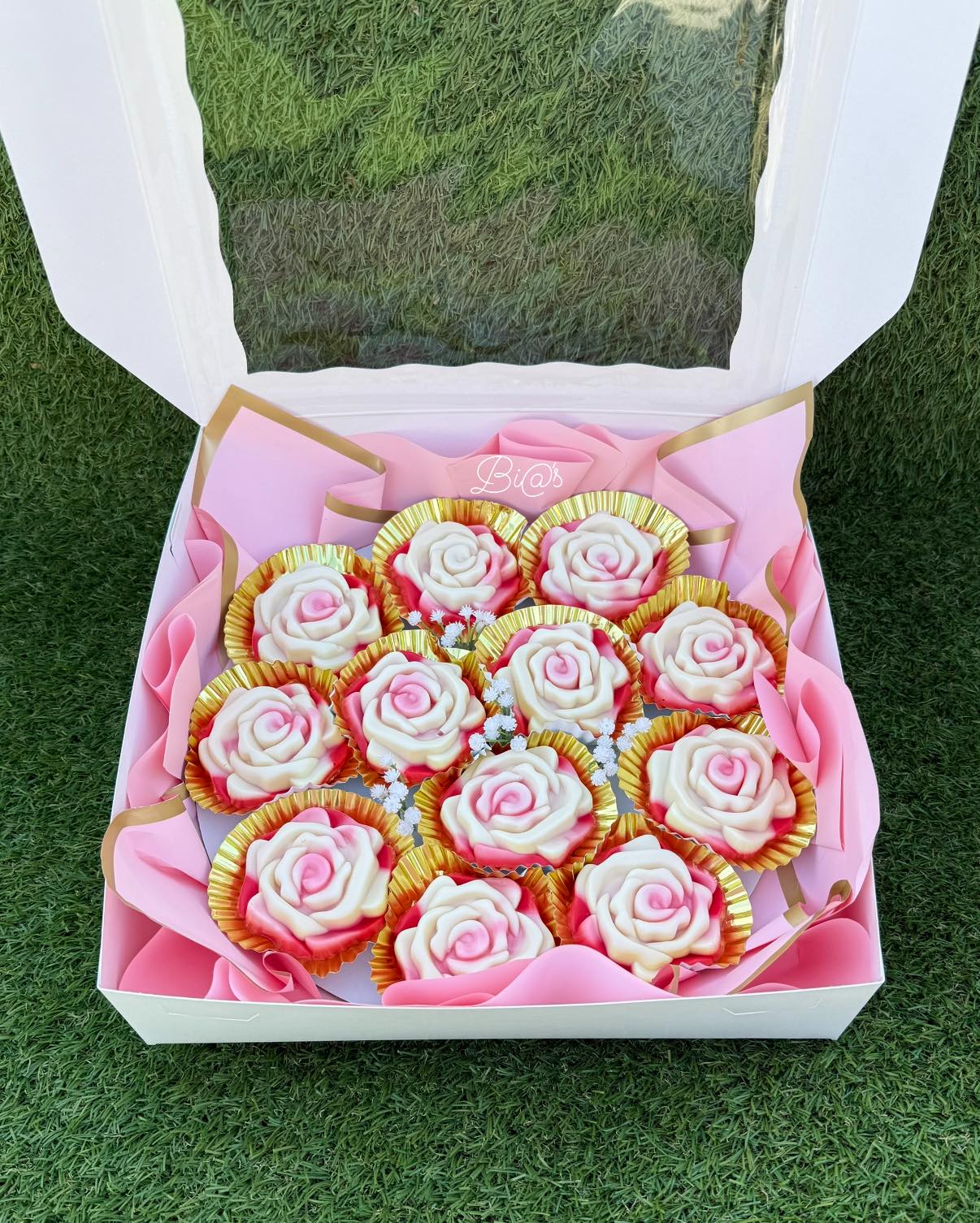 Box of rose shaped desserts prepared for a Lincoln celebration