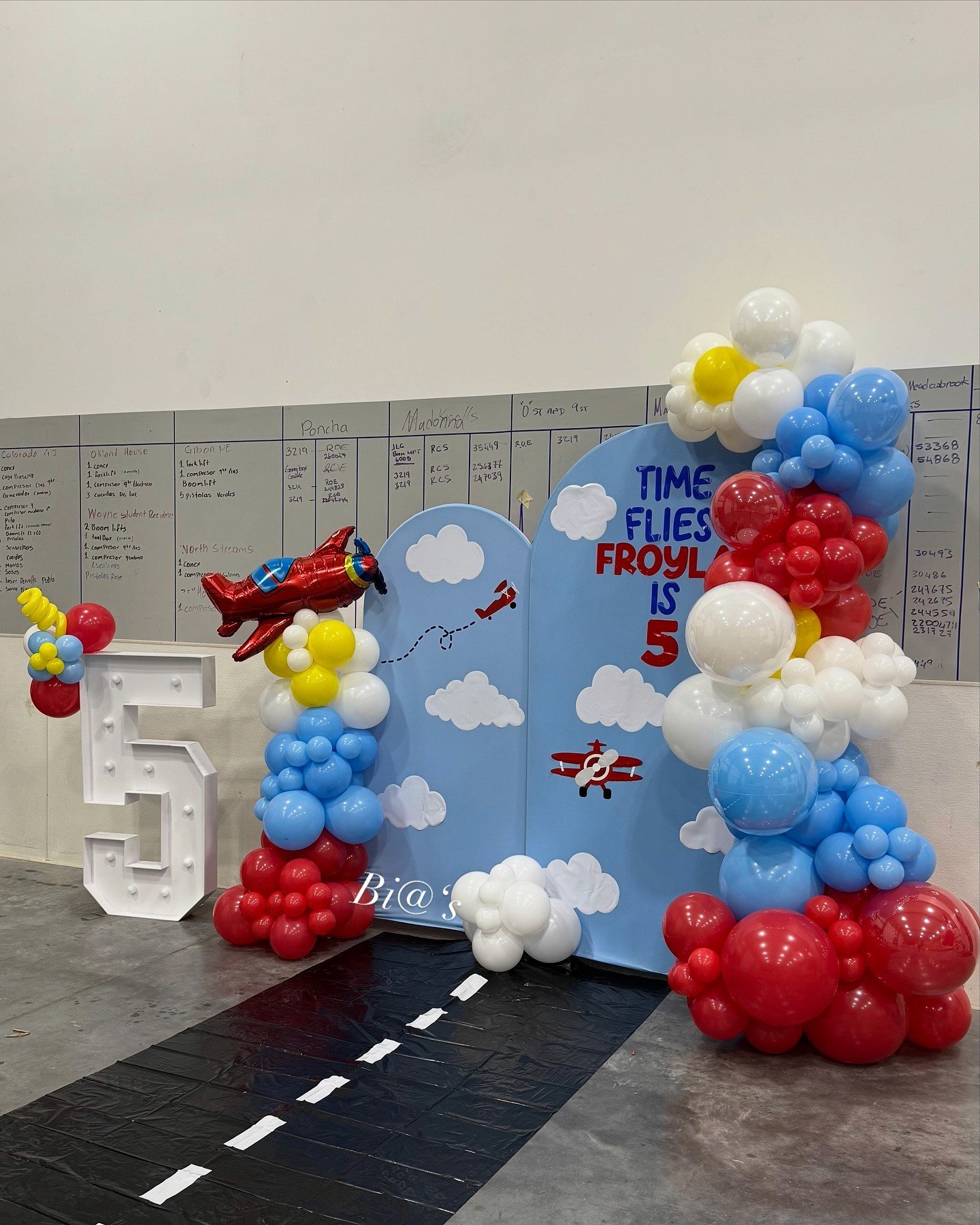 Airplane and clouds balloon backdrop built for a fifth birthday in Lincoln