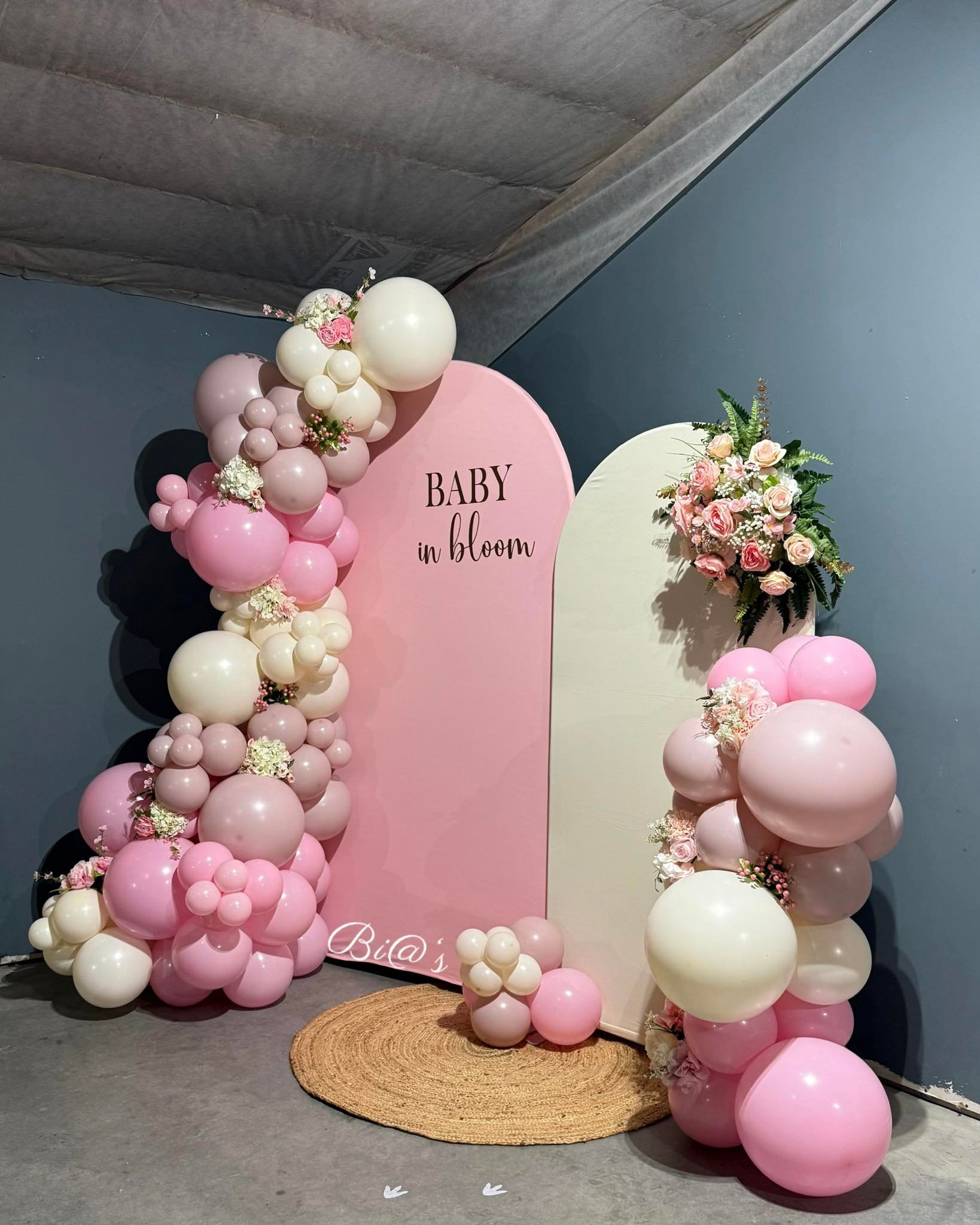 Baby in Bloom pink balloon arch and backdrop built for a Lincoln baby shower