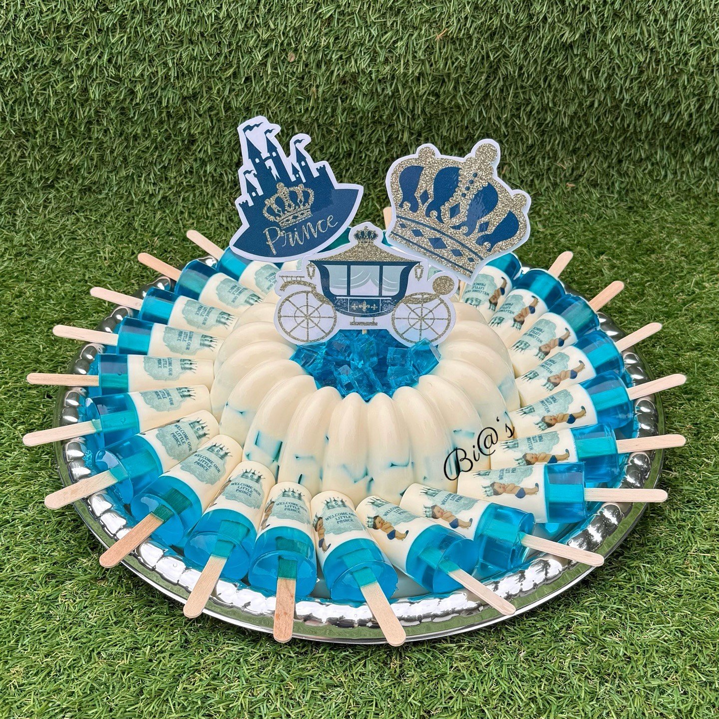 Blue carriage and crown gelatin pop platter for a Lincoln baptism