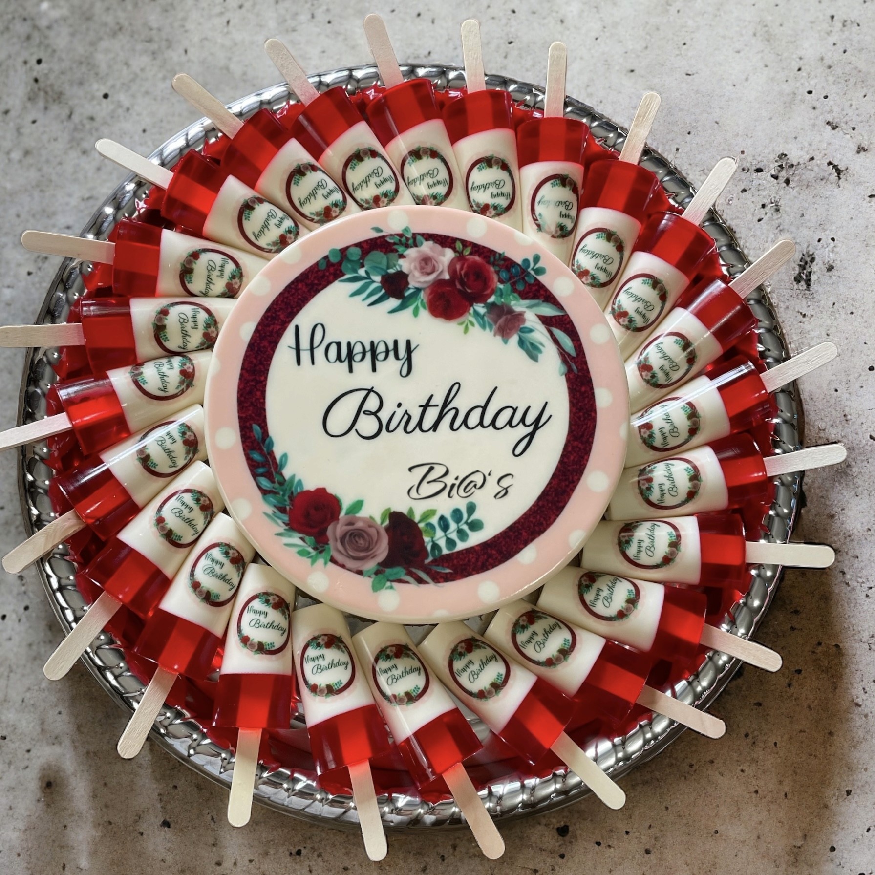 Red and floral gelatin pop platter finished for a Lincoln birthday